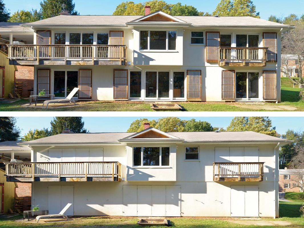 Before and after comparison of a two-story house exterior, showing removal of wooden shutter shutters from the upper level and window coverings from the lower level, with the house's white facade and balcony still intact.