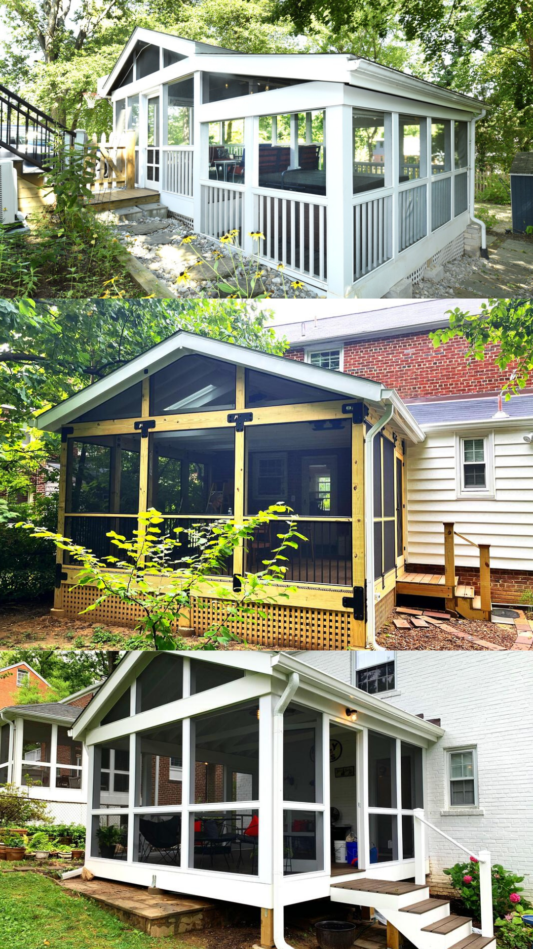 Three different screened-in porch or sunroom additions to residential homes, each with varied framing and siding styles.