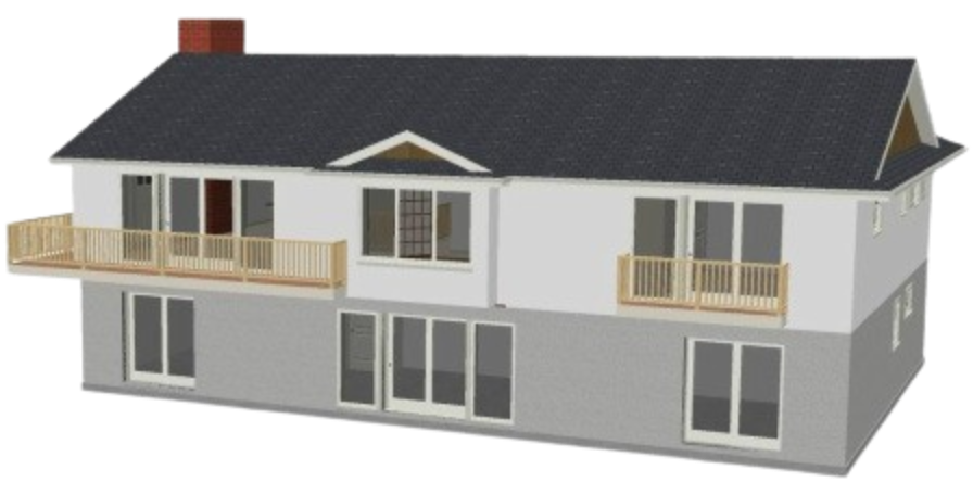 3D model of a two-story house with a gray roof, white walls, and balconies on the upper level.