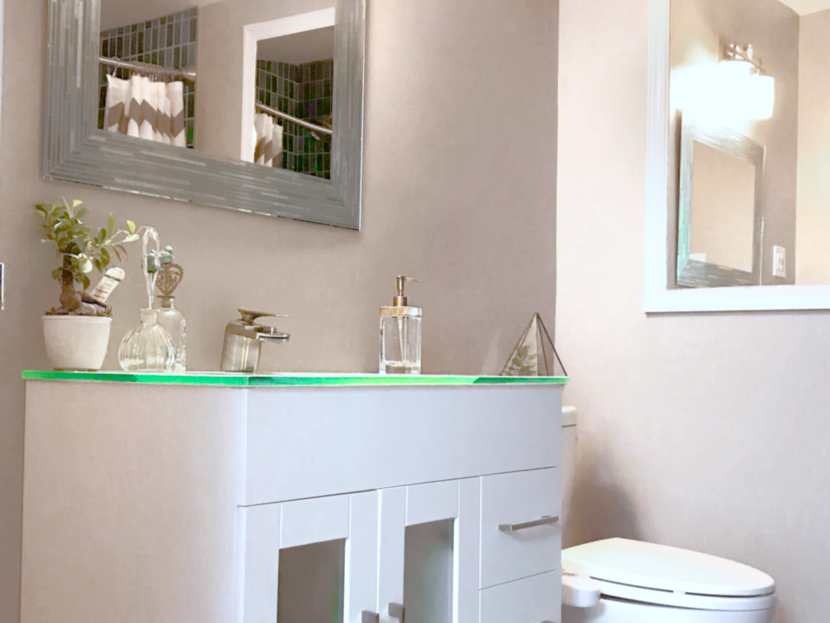 Bathroom with a white cabinet, a mirror, a plant, soap dispenser, and a toilet.