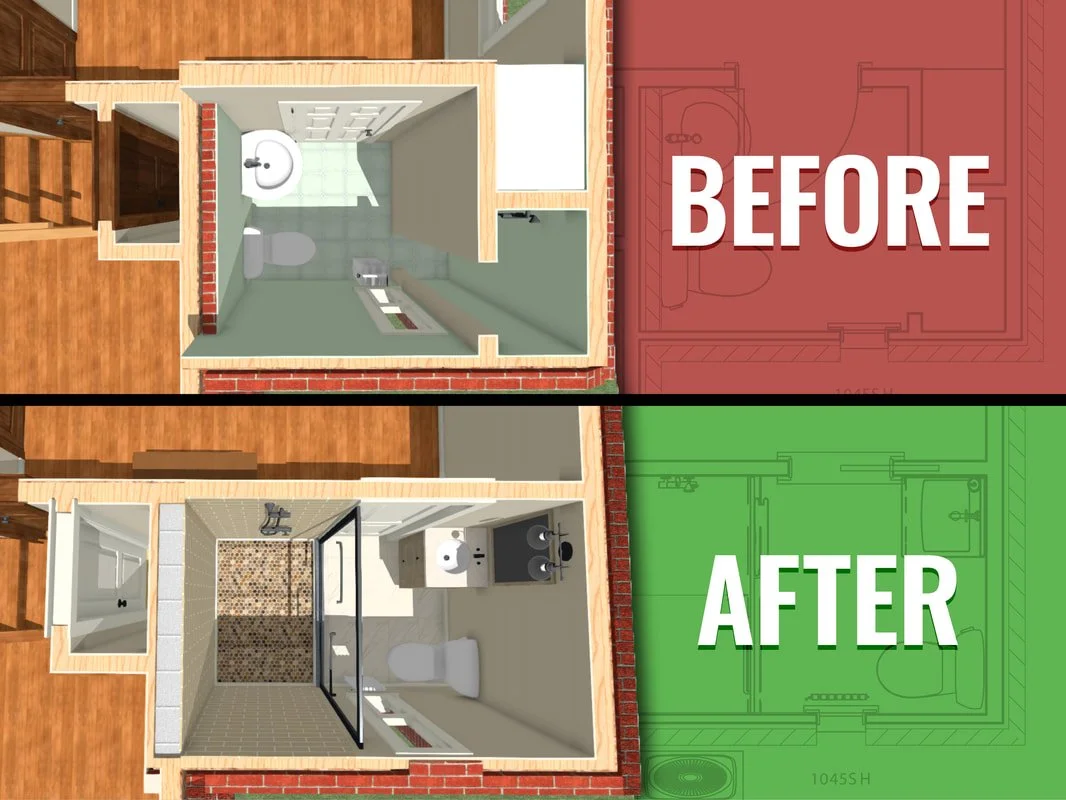 Comparison of bathroom before and after renovation. The 'before' bathroom has a small, plain layout with a sink, toilet, and shower. The 'after' bathroom has a more modern look with a double sink, a glass-enclosed shower stall, and updated fixtures.