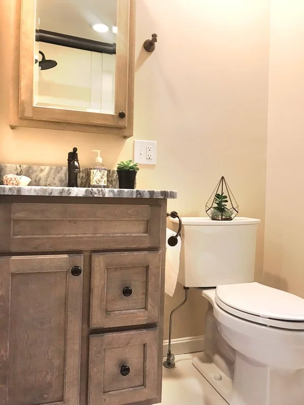 Bathroom with wooden vanity, marble countertop, and mirror, white toilet with decorative plant on top, towel rack, and beige wall.
