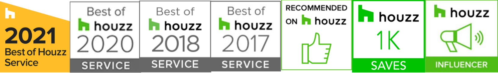 Badge showcasing the best of Houzz Service awards for 2017, 2018, 2020, and 2021, with additional icons indicating recommendation, 1K saves, and influencer status.