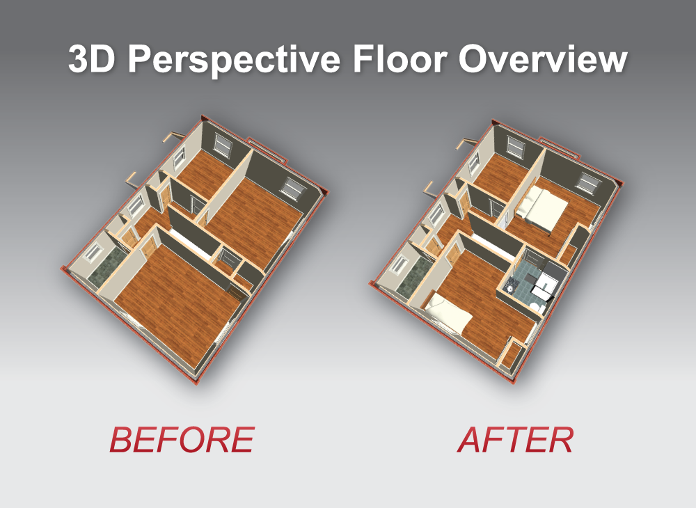 Comparison of two 3D perspective floor plans labeled 'Before' and 'After', with the 'After' plan showing added furniture and updated room layouts.