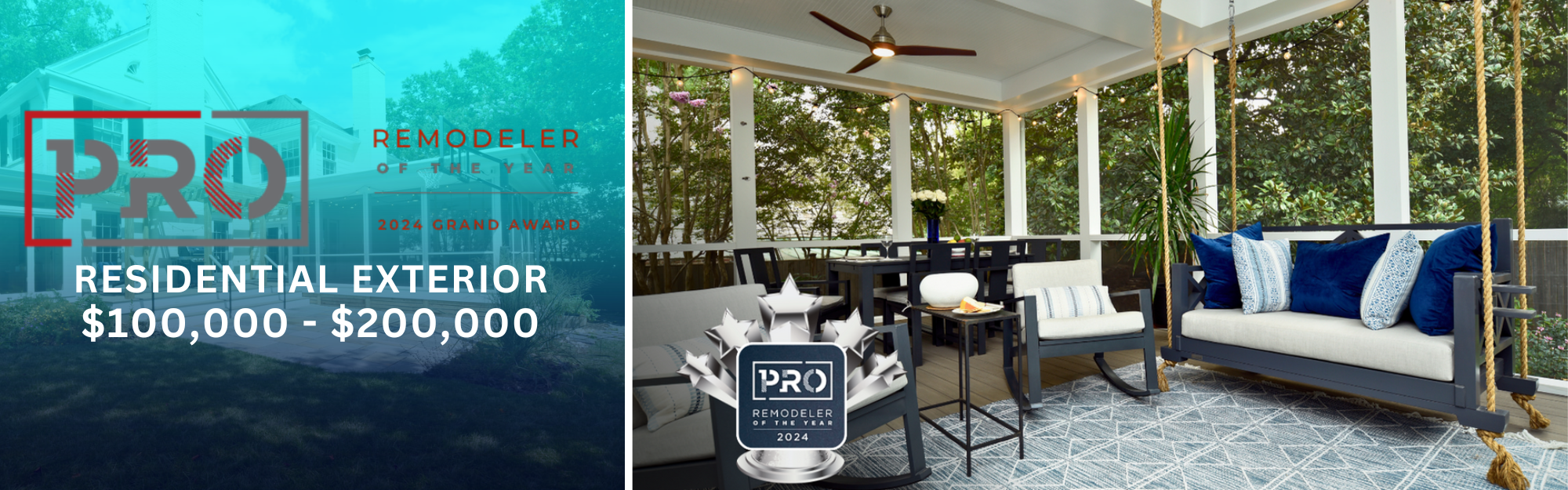 Award announcement graphic for PRO Remodeler of the Year 2024 in the Residential Exterior category, featuring a house image and a furnished screened porch with blue and white cushions, hanging swing, and trees outside.