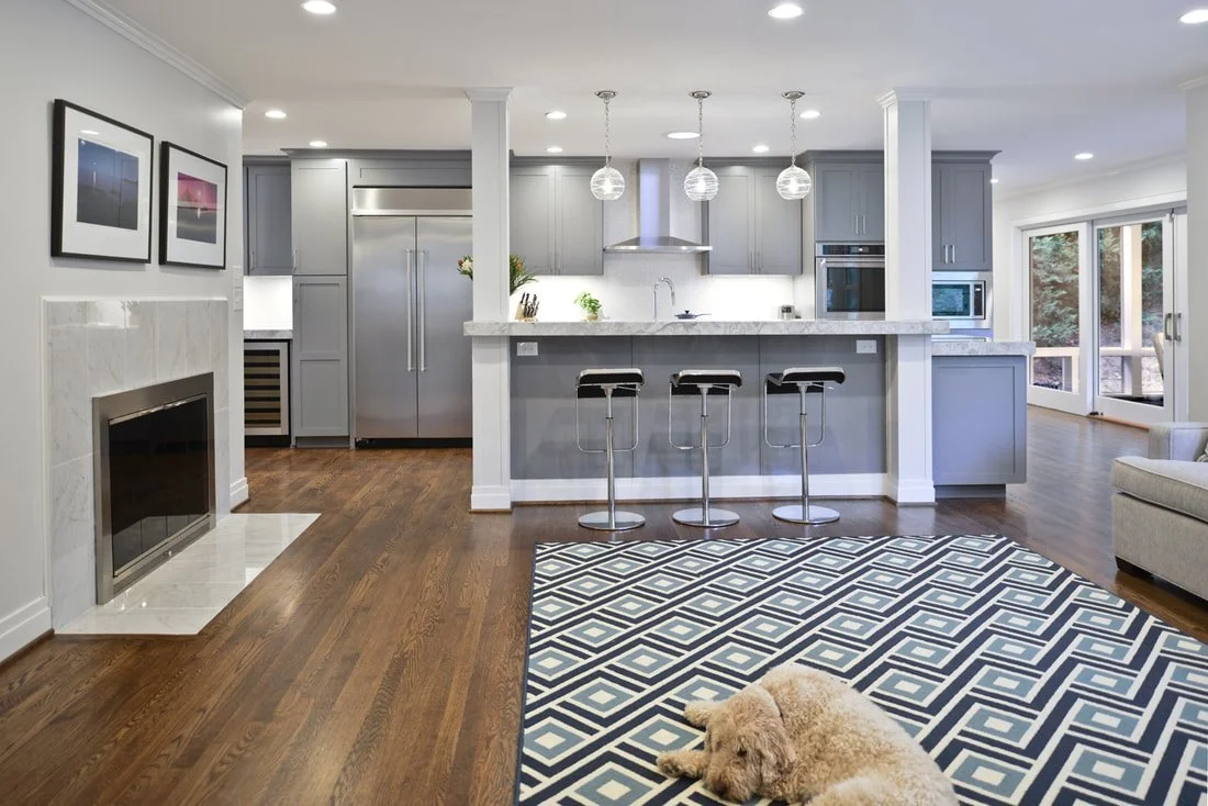 Modern kitchen with gray cabinets, stainless steel appliances, a fireplace, hardwood floors, a patterned rug, and a dog lying on the rug.