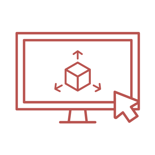 Line drawing of a computer monitor with a 3D cube and arrow icons indicating manipulation, and a cursor arrow pointing at the screen.