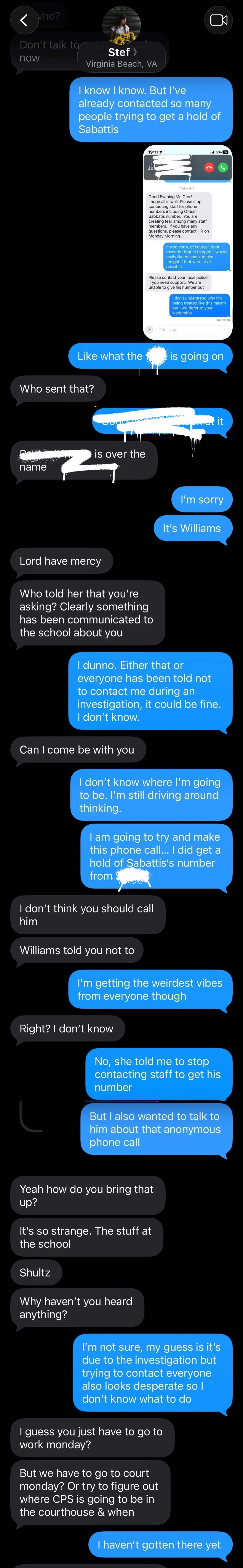 Screenshot of a text message conversation between two people discussing a contact named Sabattis, investigating issues involving someone named Williams, and planning to make a phone call to Sabattis.