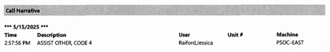 Call log showing an assistance call for code 4 on 5/15/2025 at 2:57 PM from Jessica Raiford on machine PSOC-EAST.
