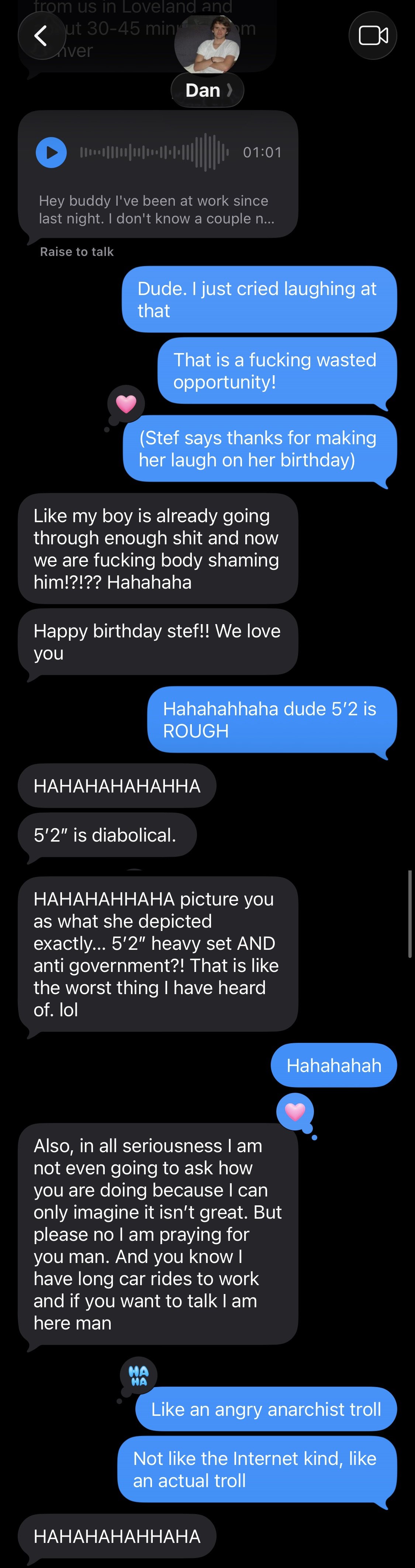 Screenshot of a text conversation between two people, discussing a birthday, height, and a joke about trolling.