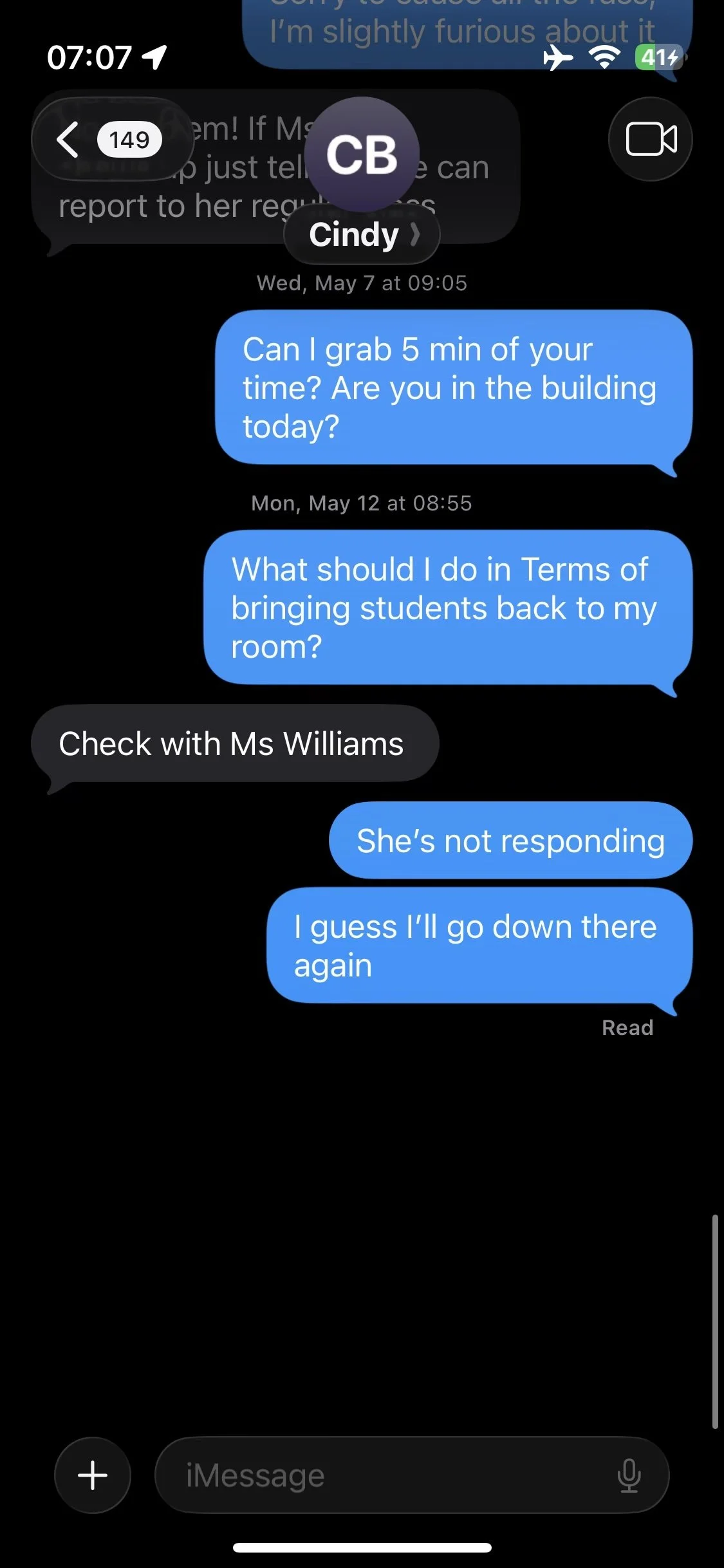 Screenshot of a text message conversation on an iPhone with messages exchanged between the user and Cindy, involving planning to meet or check on students.