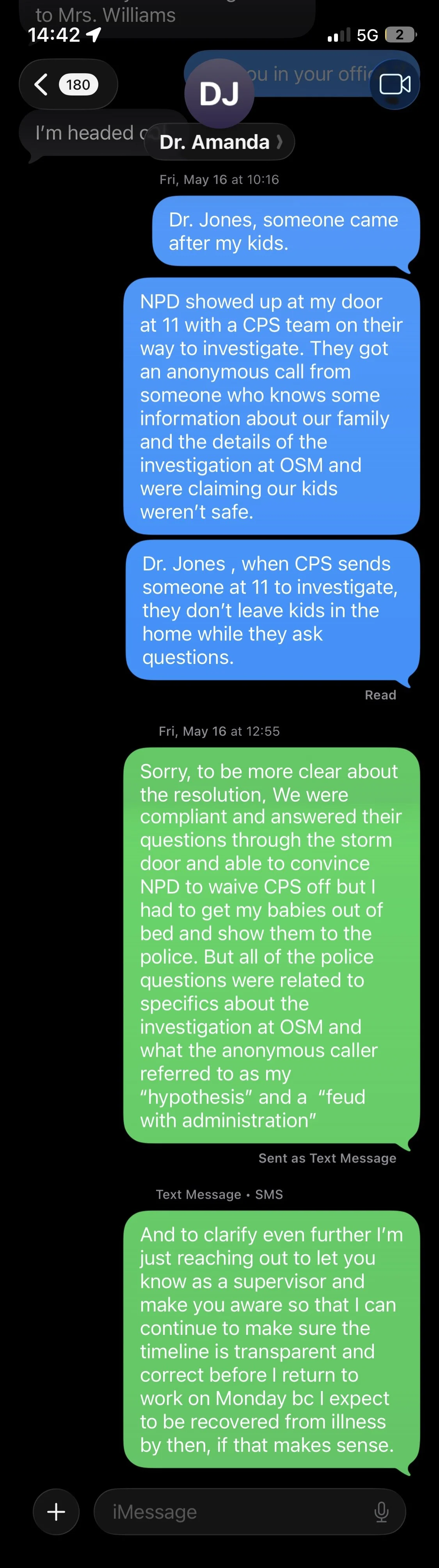 Digital screenshot showing a conversation in a messaging app between Dr. Amanda and another person, discussing law enforcement and CPS investigation regarding their children, with messages exchanged on May 16.