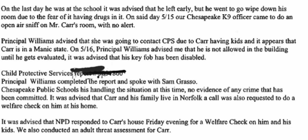 A typed document discussing a school incident involving a student named Carr, who was advised to leave early, and law enforcement responses, including a welfare check and adult threat assessment.
