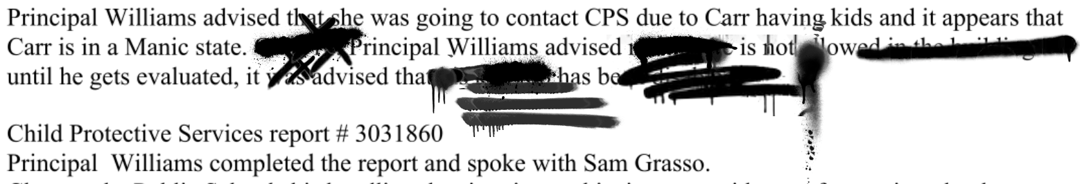 A document with sections of blacked-out text and a handwritten mark or annotation in black ink.