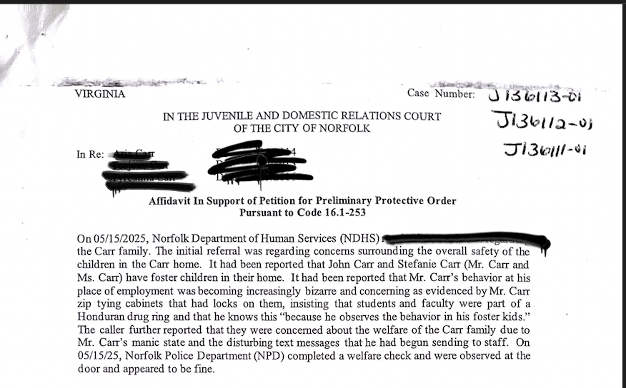 A legal document titled 'Affidavit In Support of Petition for Preliminary Protective Order' from the Norfolk Juvenile and Domestic Relations Court, detailing concerns about the safety of children in the Carr family and police welfare check findings.