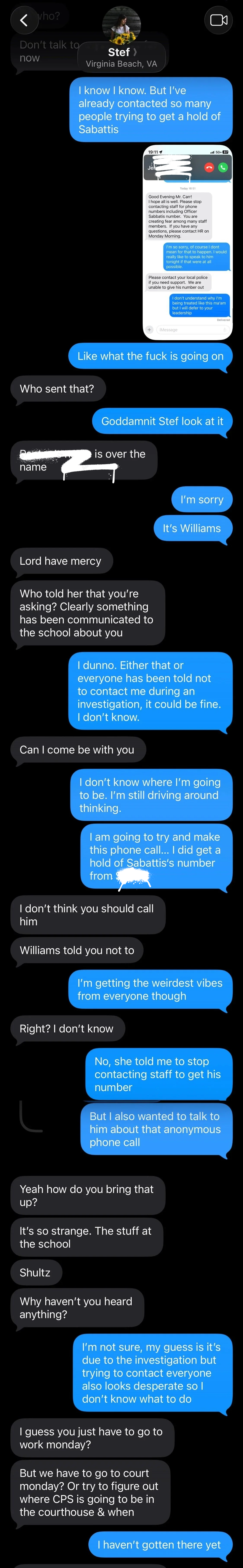 A screenshot of a text message conversation between two people discussing potential contact with someone named Sabattis, a suspicious phone call, and concerns about an investigation at a school.