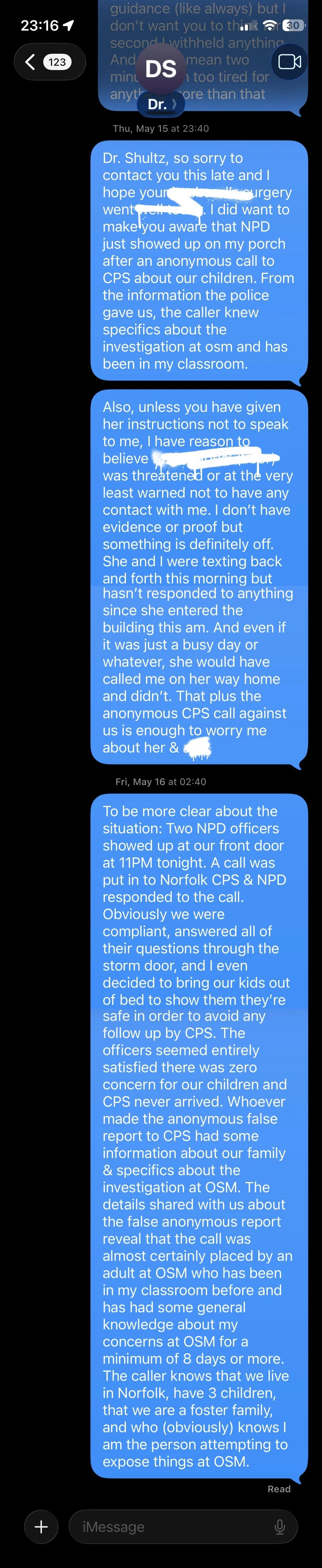 Screenshots of a text message conversation showing a series of messages discussing police investigations and anonymous reports at a child's school in Norfolk, including details about police responses and concerns about false anonymous reports.