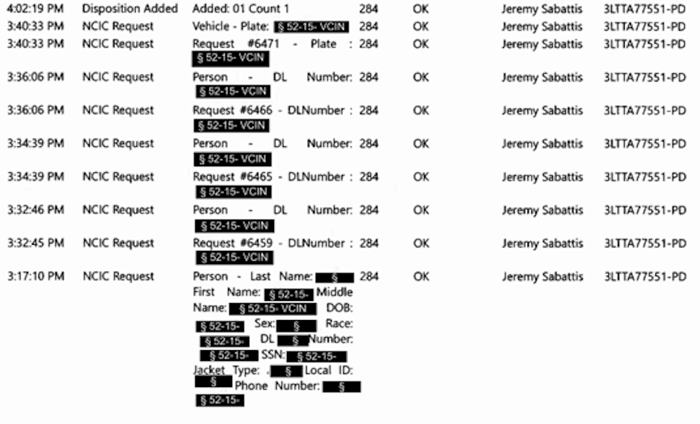 Screen displaying a list of NCIC requests related to vehicle plates and personal information, including request times, request types, and personal details such as names, dates of birth, sex, Driver's License numbers, Social Security Numbers, and phone numbers, with some data blacked out for privacy.