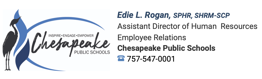 Chesapeake Public Schools business card featuring the district logo with a heron, contact information for Edie L. Rogan, and title as Assistant Director of Human Resources.