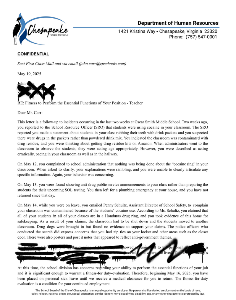Official confidential letter from Chesapeake Public Schools Department of Human Resources dated May 19, 2025, addressing allegations of student drug use and classroom misconduct, discussing investigations, and referencing school safety procedures.