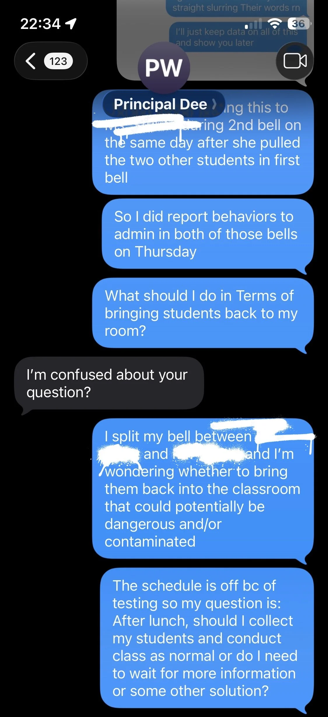 A screenshot of a text message conversation on a phone, with blue and gray chat bubbles, discussing school bell schedules and behaviors of students.