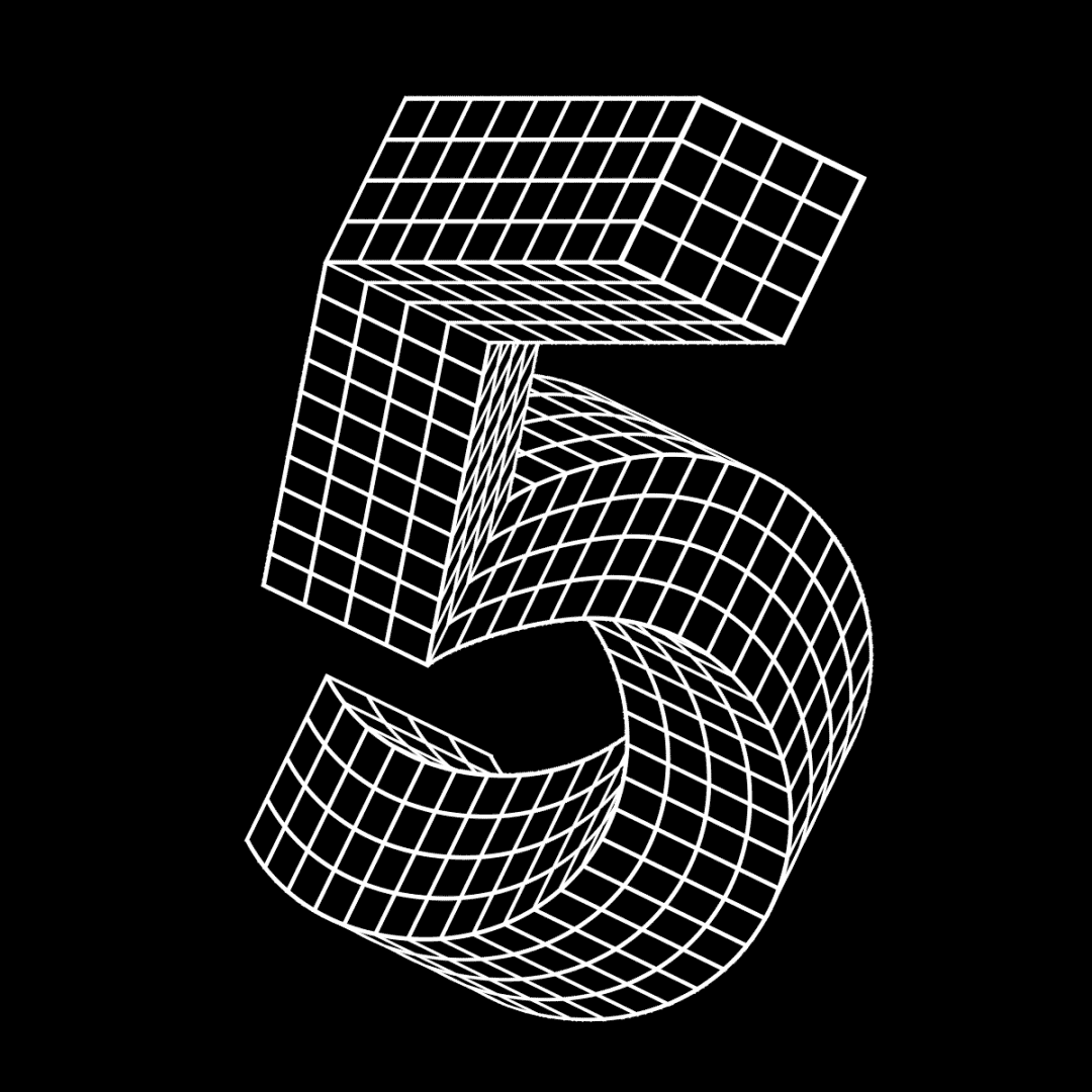 A wireframe 3D model of the number five on a black background.