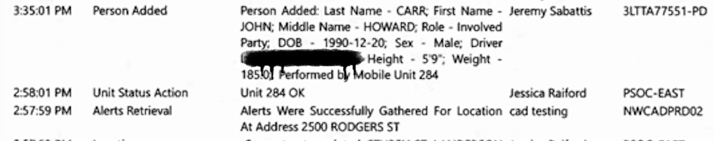 Extracted text from a report showing personal details, unit status, and alert status related to a person named Jeremy Sabattis, including date of birth, role, sex, height, weight, and alert retrieval information.