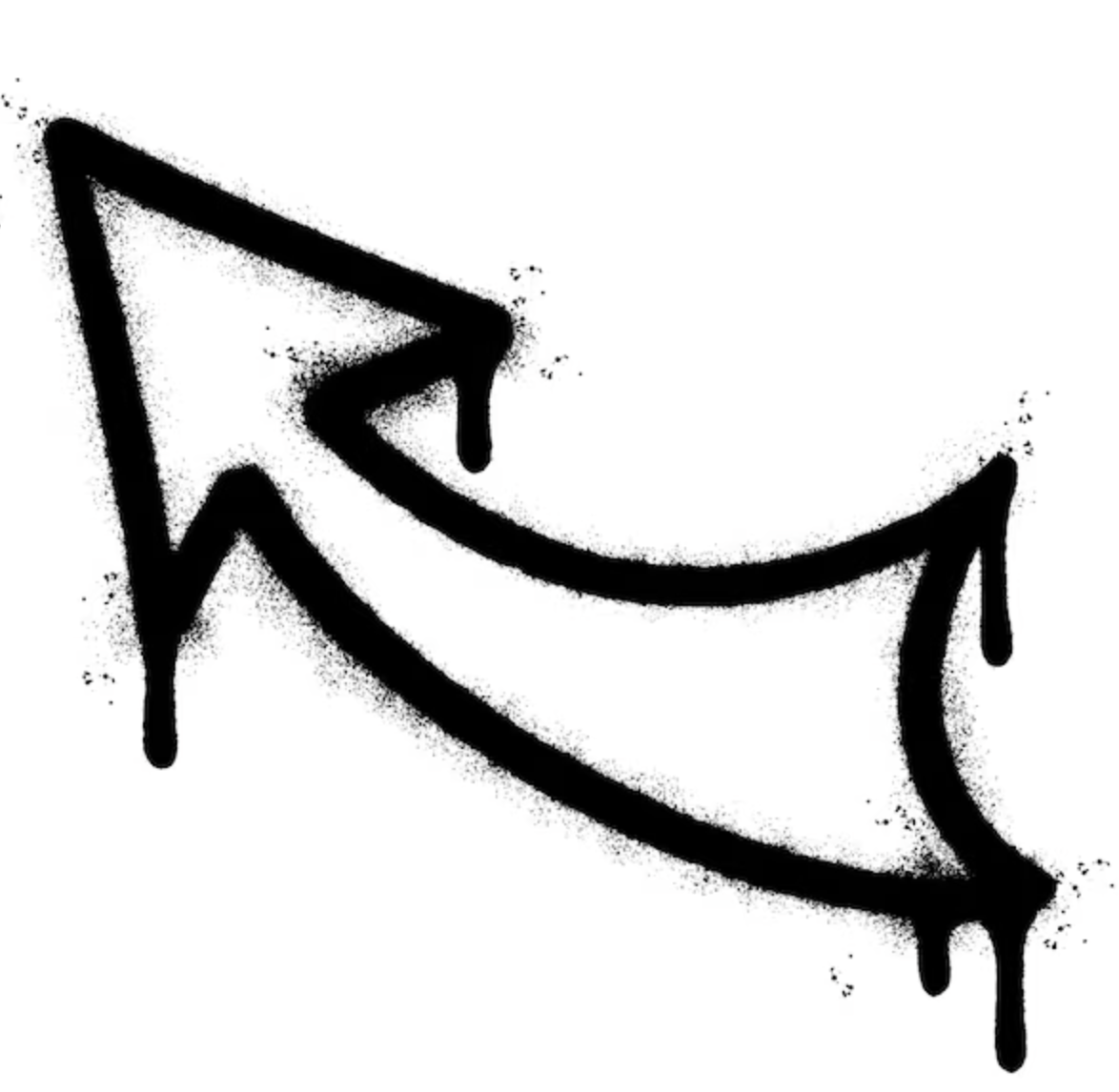 Black graffiti-style arrow pointing downward with drippy paint effect.