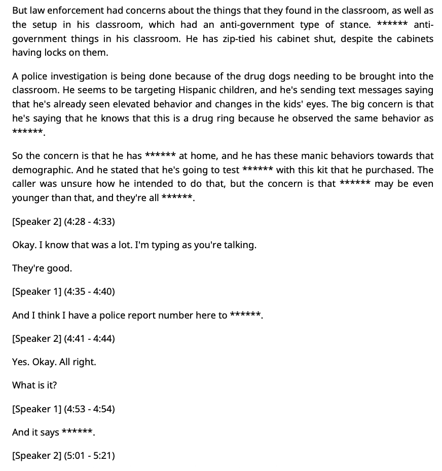 A close-up of a printed document containing a transcript of a conversation about concerns related to a classroom setting, police investigation, and a police report, with some words redacted or censored.