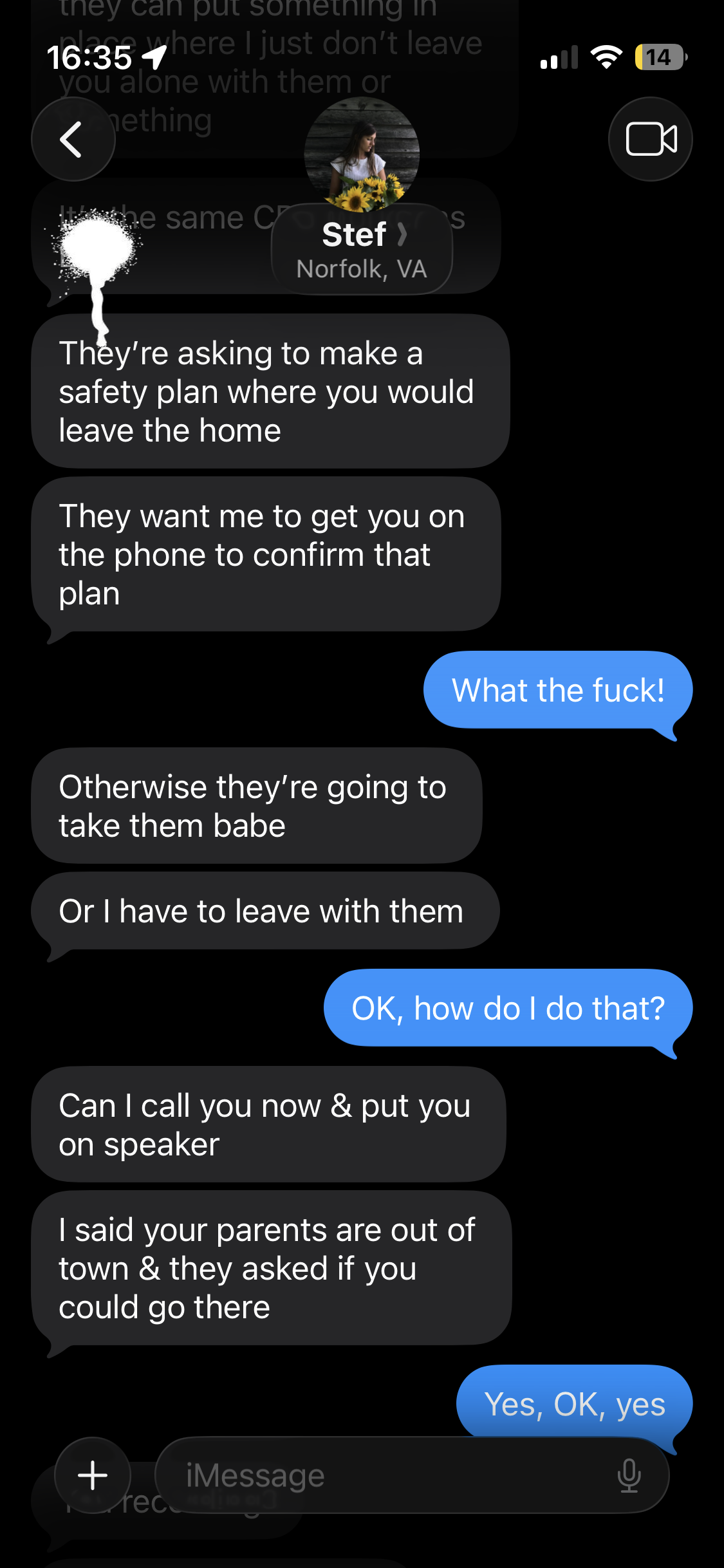 Screenshot of a text conversation on a phone about making a safety plan involving leaving the home, with references to calling and speaking on speakerphone.
