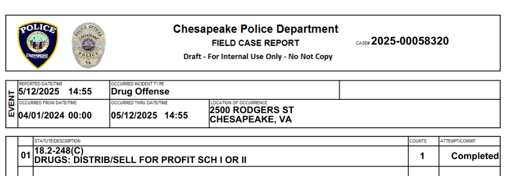 Chesapeake Police Department field case report with badges at the top, date and time of incident on May 12, 2025, at 2:55 PM, reporting drug offense at 2500 Rodgers Street, Chesapeake, VA, involving distribution and sale of drugs for profit.