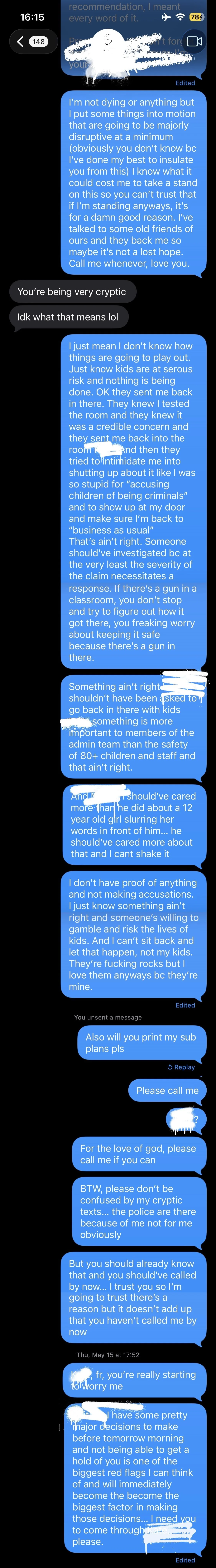 Screenshot of a text message conversation discussing safety concerns, cryptic threats, and requests for help via phone calls and plans.