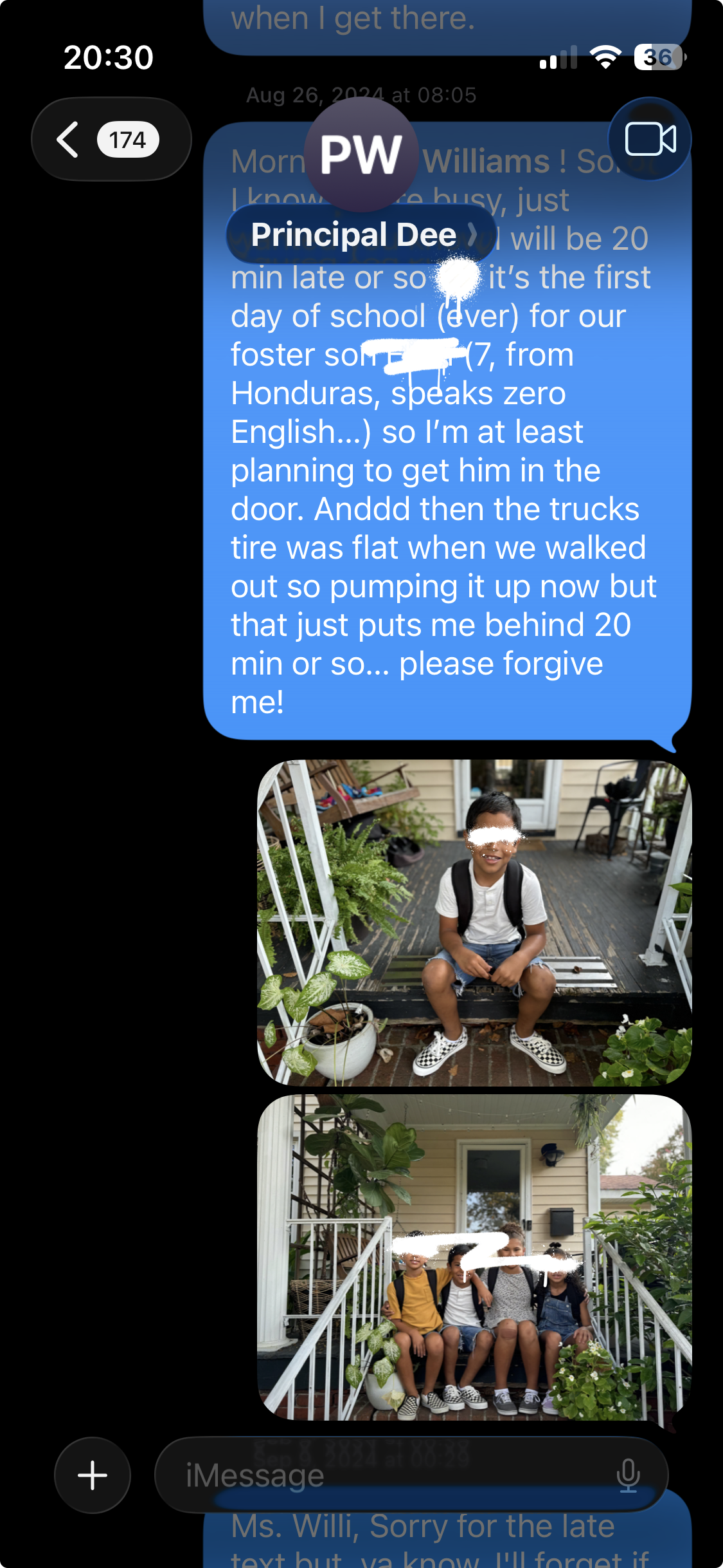 A young boy wearing a white t-shirt, denim shorts, checkered sneakers, and a backpack is sitting on the porch of a house. There are potted plants and a railing on either side, with the house's door and window visible in the background.