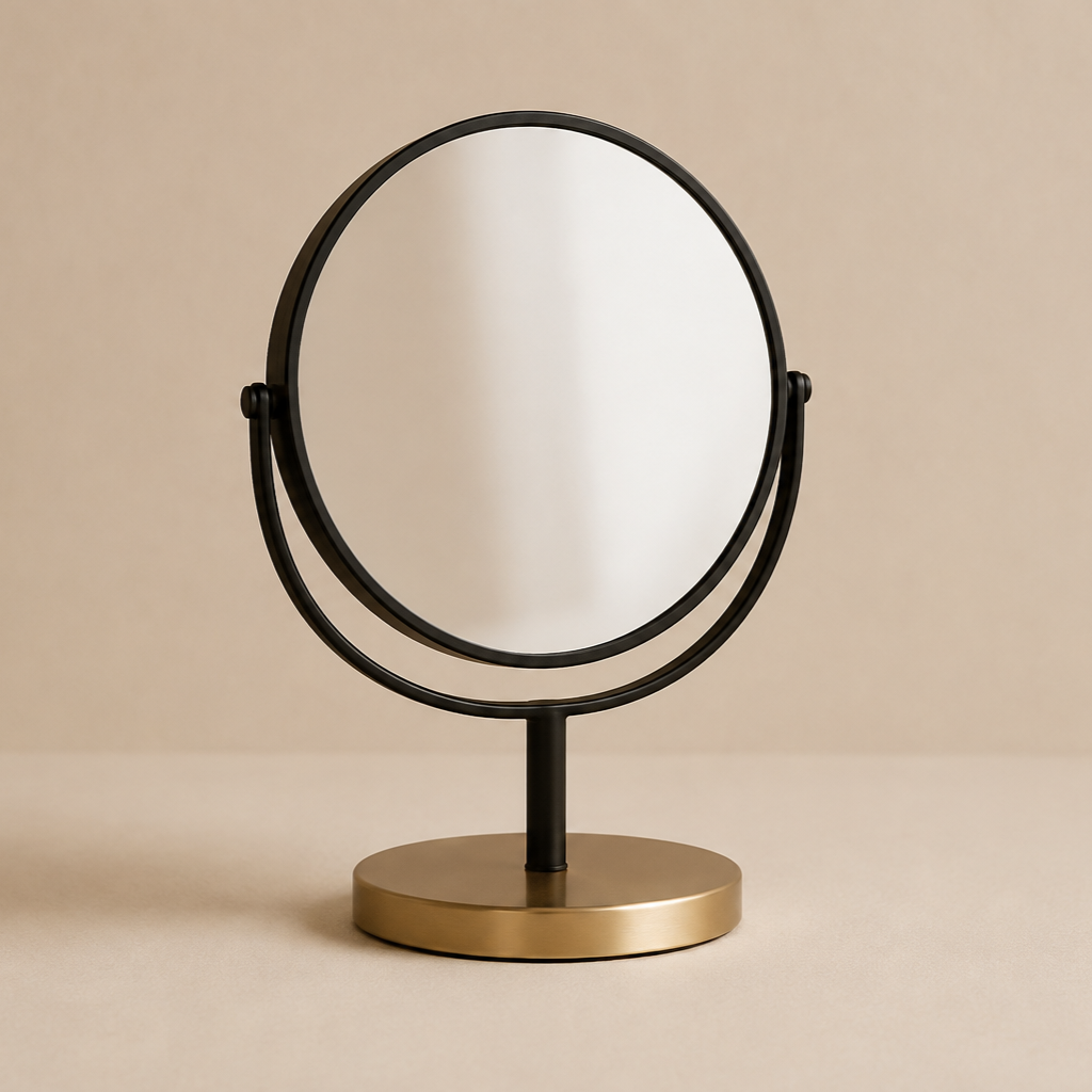 A modern oval tabletop mirror with a black metal frame and a round gold base.