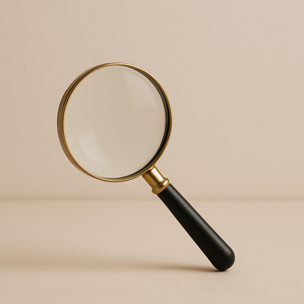A magnifying glass with a black handle and a gold rim, standing upright on a plain beige surface.