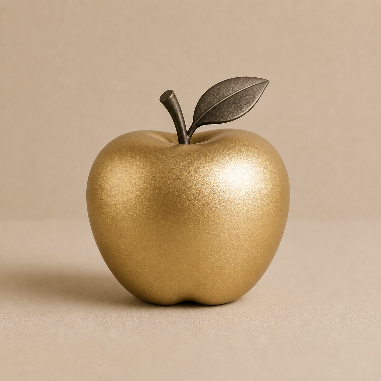 A gold-colored apple sculpture with a dark bronze leaf and stem on a neutral background.