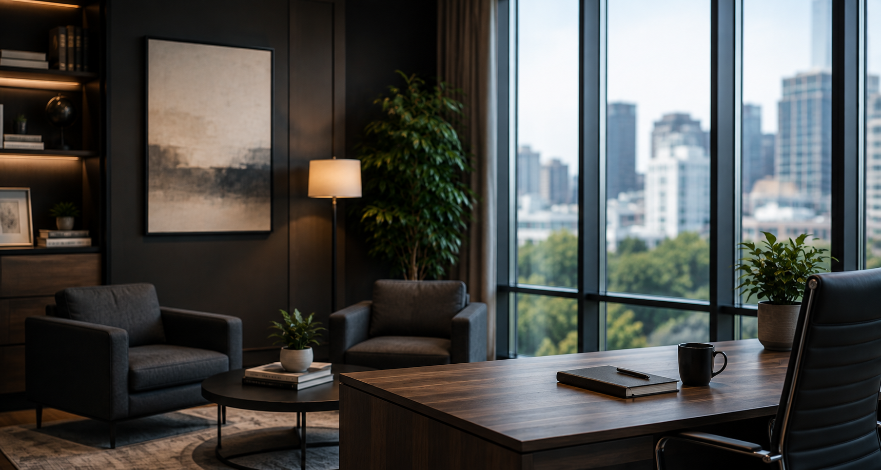 Modern office waiting area with two armchairs, a small round table, a large wooden desk with a notebook and coffee mug, large window showing city skyline, potted plants, artwork, and bookshelf with books and decor.