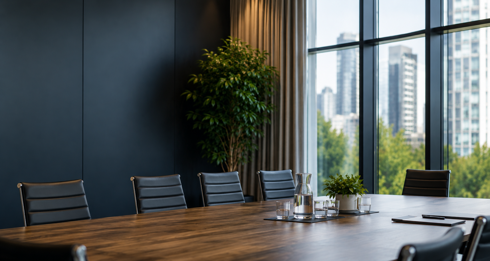 Empty modern conference room with a large wooden table, black leather chairs, a pitcher of water, glasses, a potted plant, and large windows with cityscape view.