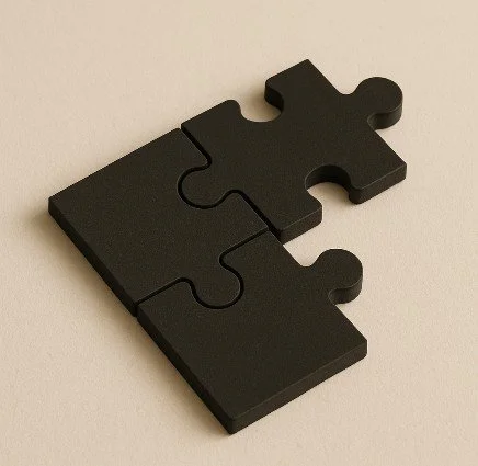 Three black puzzle pieces connected on a beige surface.