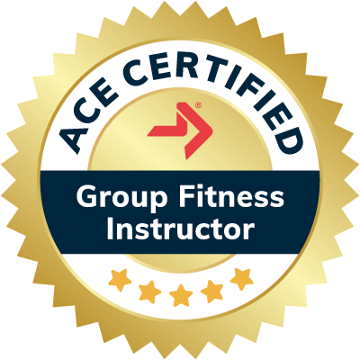 Badge with gold border, blue and white center, and text 'ACE CERTIFIED Group Fitness Instructor' with stars at the bottom.