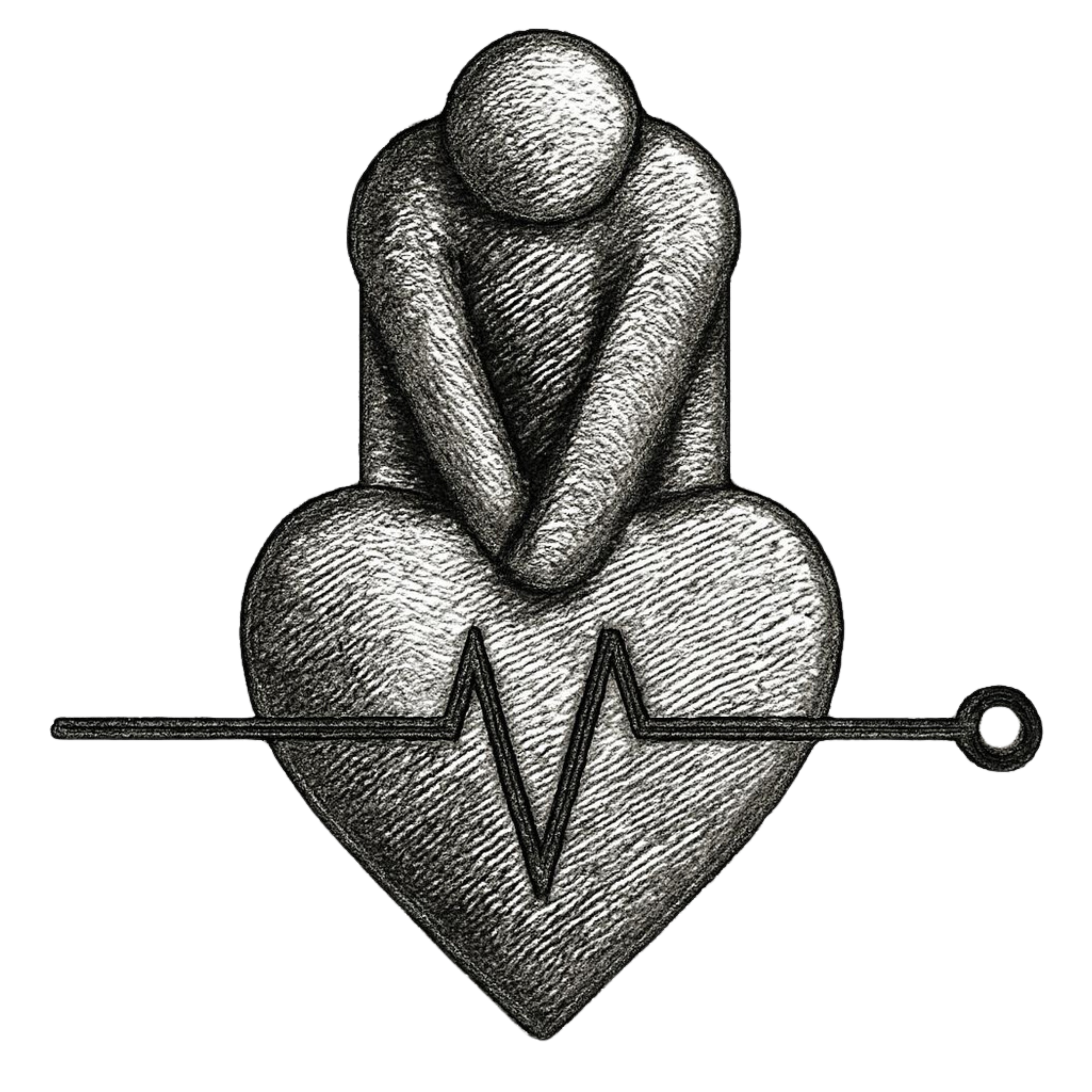 A sketched image of a person sitting on a heart with a stethoscope wrapped around it, symbolizing healthcare or medical care.