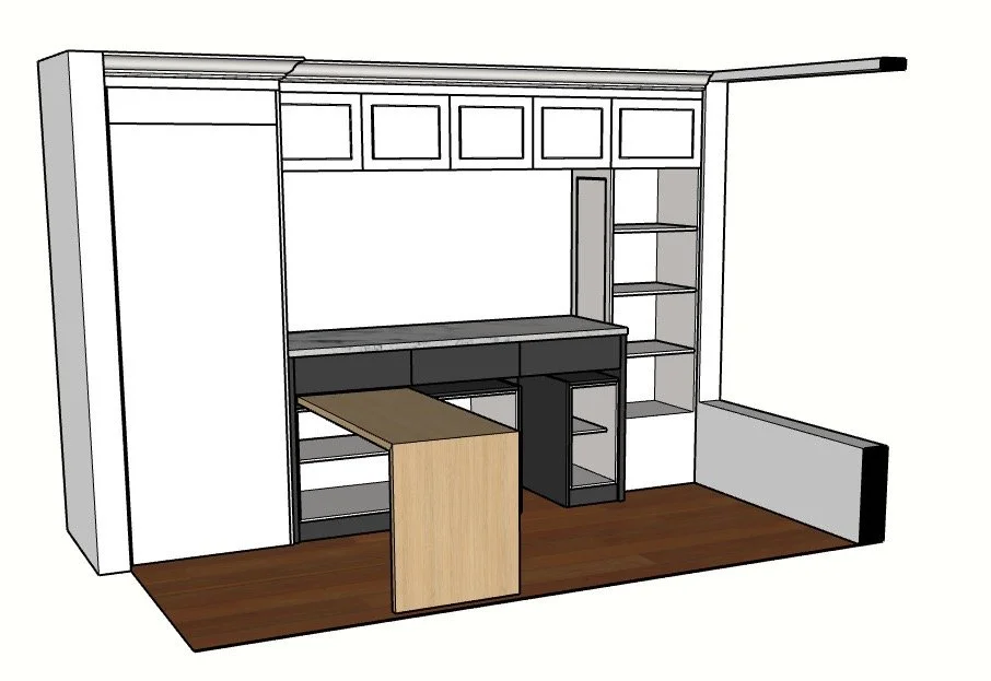 Conceptual drawing of a kitchen cabinet with storage and built-in roll-out table top.