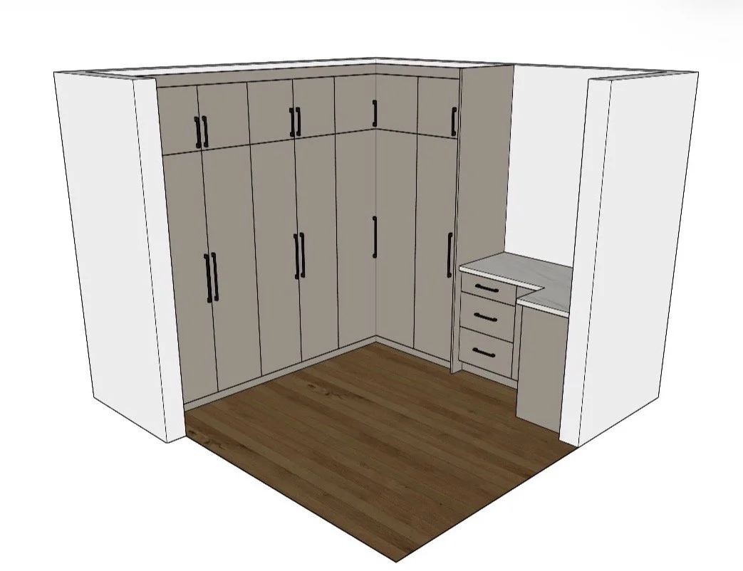 Conceptual drawing of to-ceiling storage solution in condominium to maximize storage space while keeping area open.