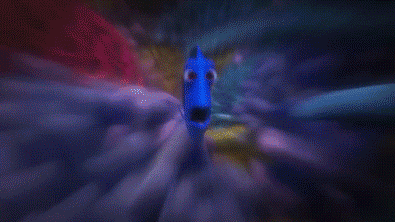 A GIF of blue Dory animated character with a long face and wide eyes standing in a colorful, moving background.