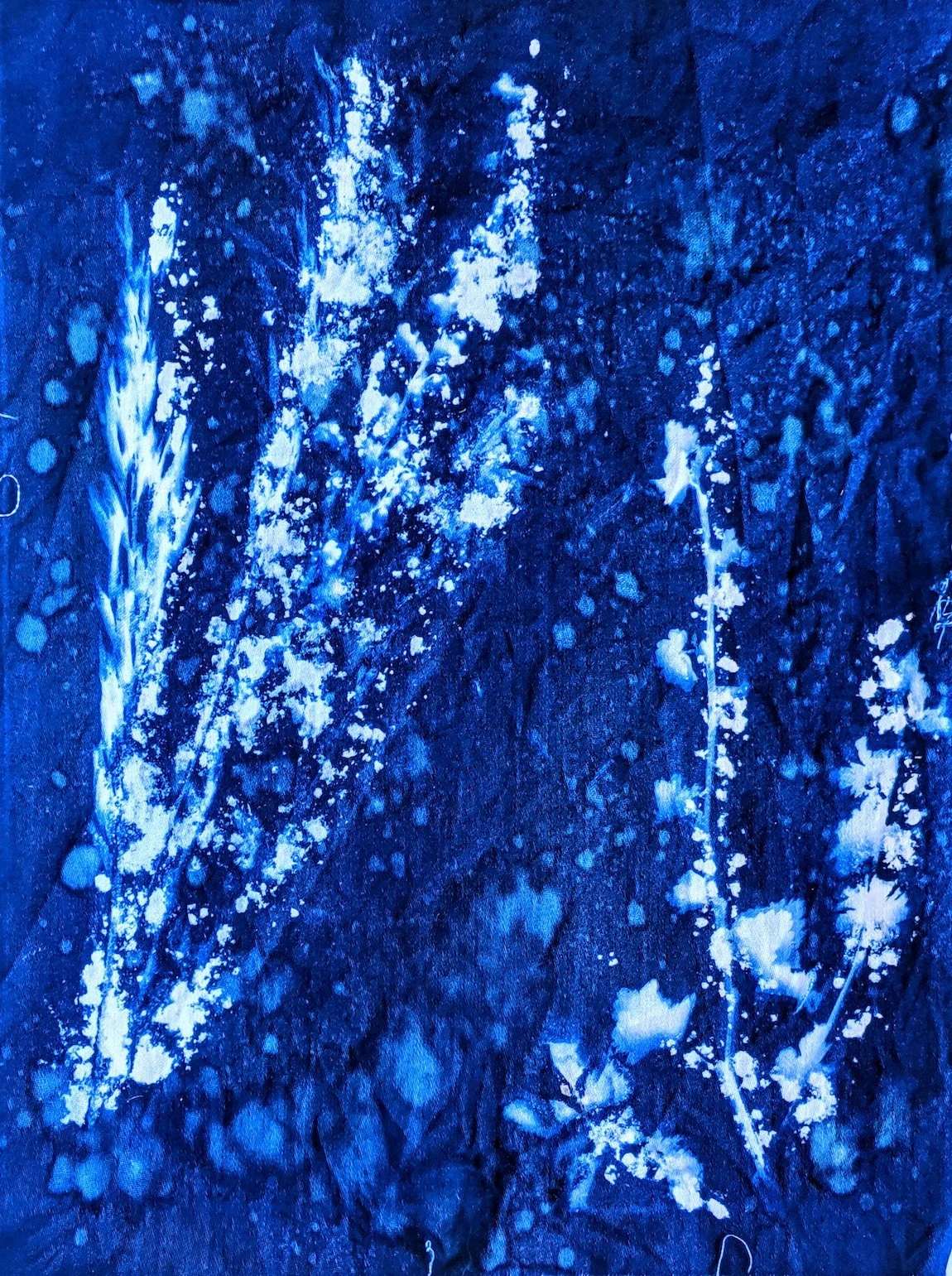 Close-up of a textured surface with white splatters and streaks against a dark background.