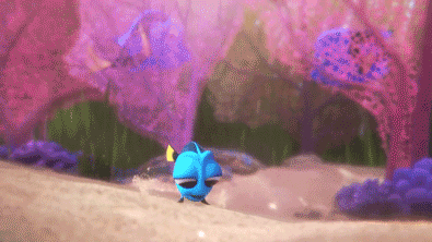 Animated GIF of blue fish with yellow fins swimming underwater among pink and purple coral reefs.