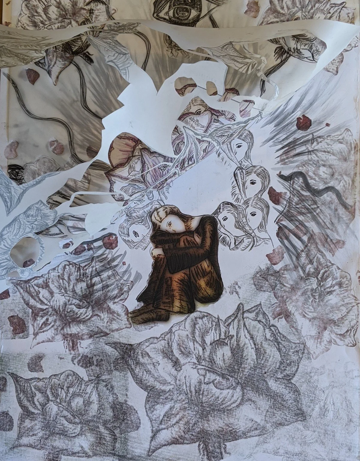 Mixed media art depicting a woman hugging herself, surrounded by sketches of female faces, leaves, and abstract patterns, with torn paper elements adding texture.