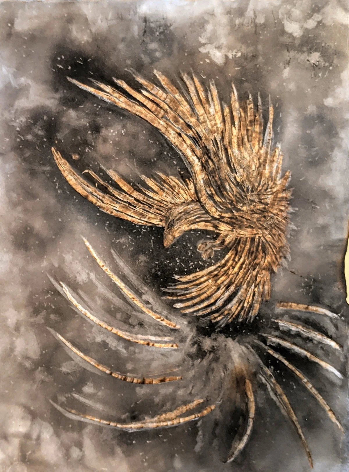 Frosted glass artwork of a bird with outstretched wings, crafted through a laser etching process.