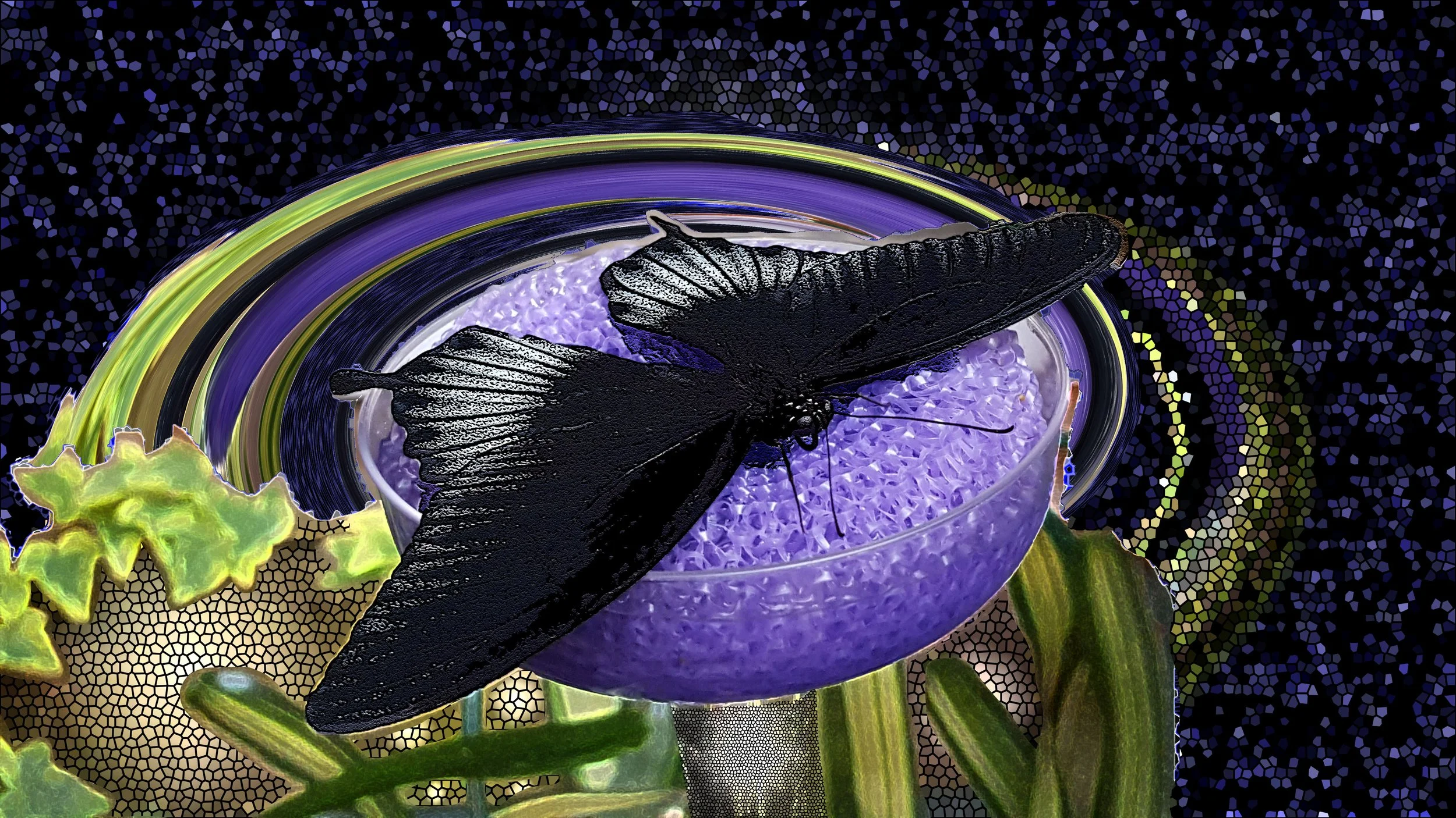 A black butterfly resting on a purple flower in a digital art style.