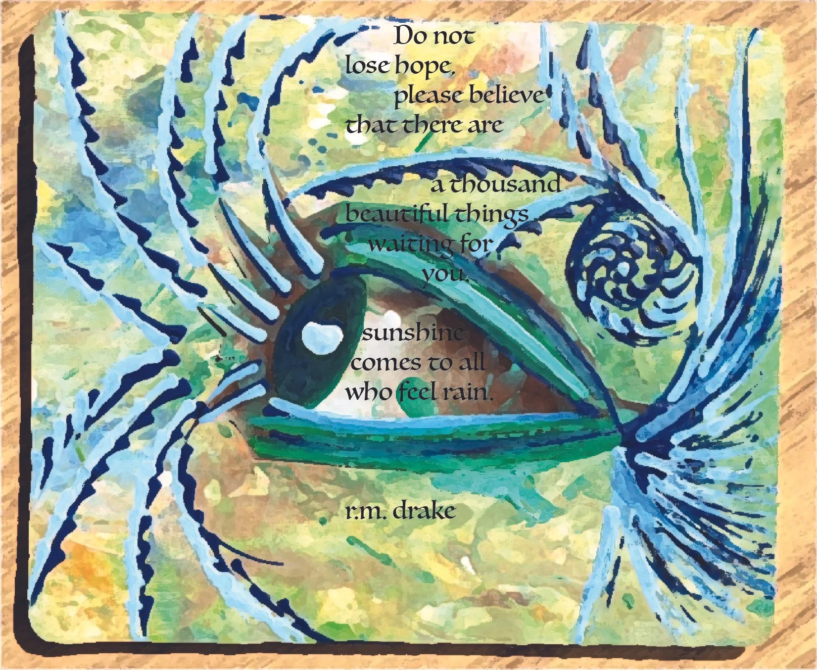 A colorful watercolor painting of a crab with a quote overlaid that reads: "Do not lose hope, please believe that there are a thousand beautiful things waiting for you. Sunshine comes to all who feel rain."